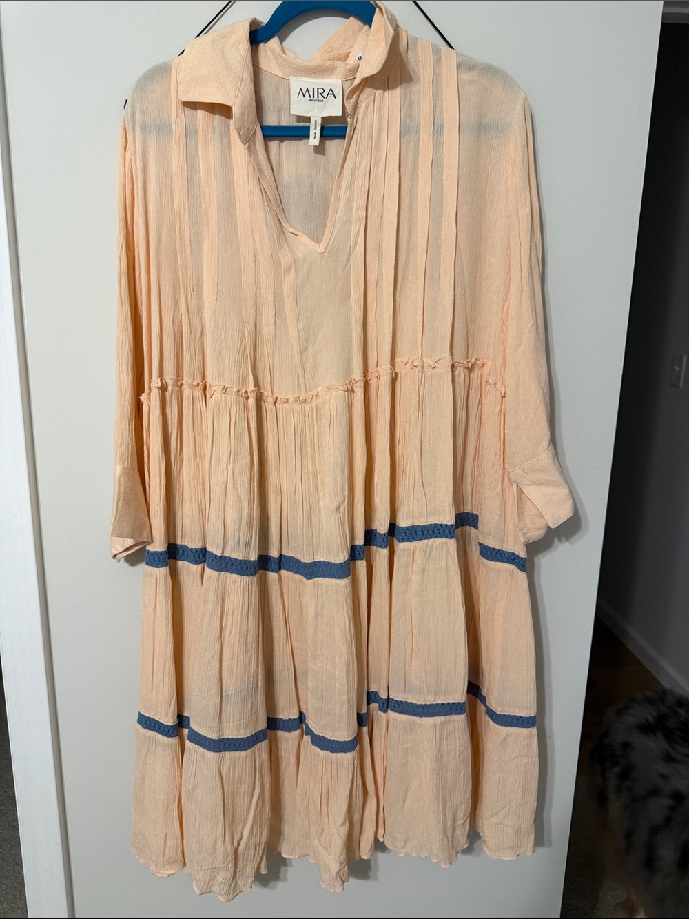 Mira Boutique Peach Midi Dress with Navy Trim
